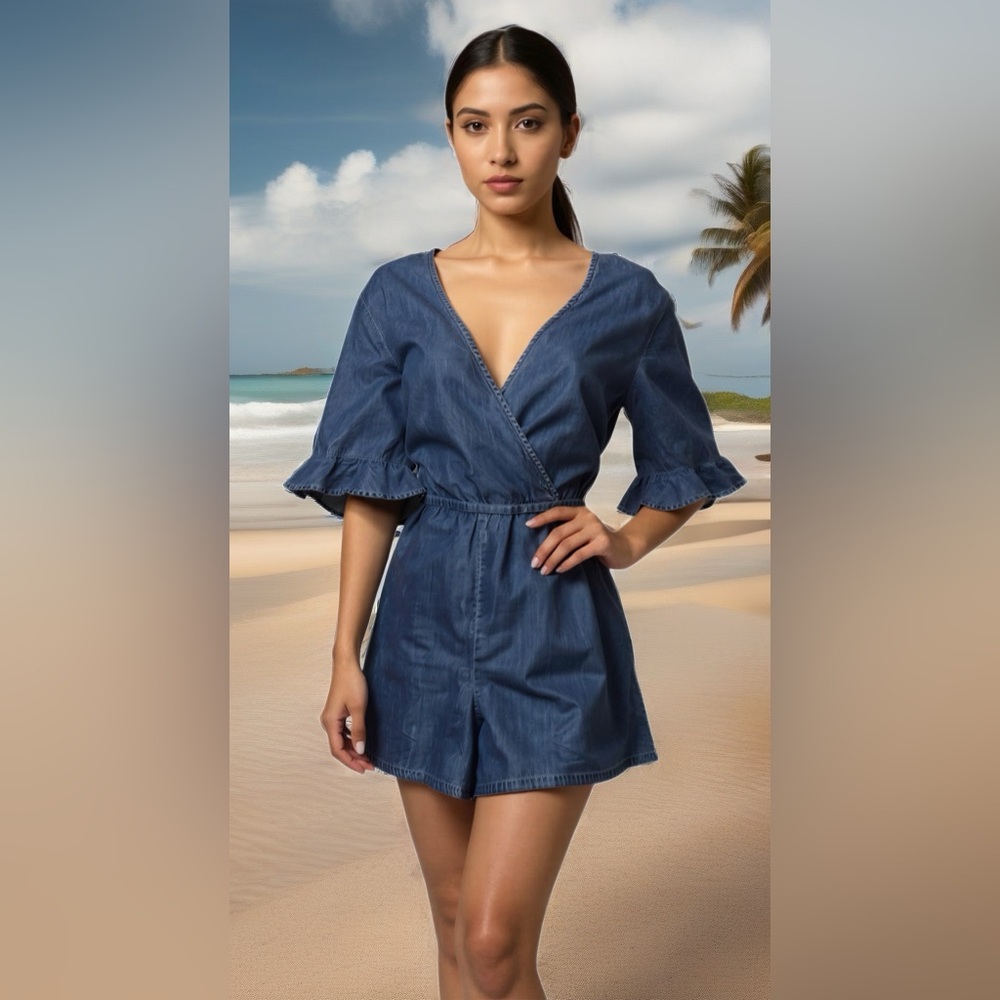 0176 Chic Denim Romper with Ruffle Sleeves